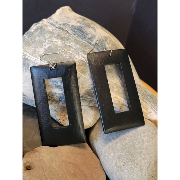Wood Earrings Geometric Black Rectangular Cutout Dangles - Picture 3 of 5